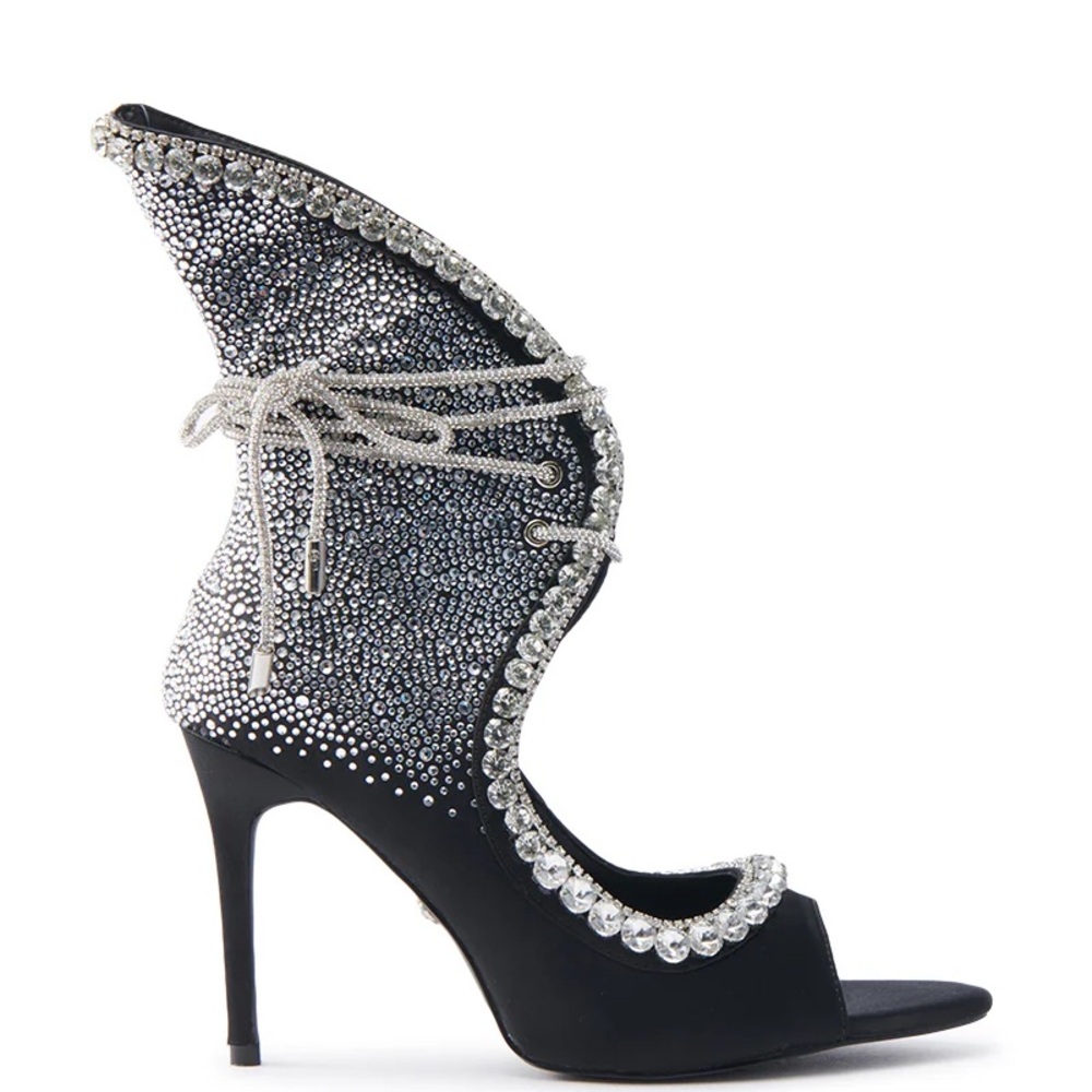 AZALEA WANG Black & Silver Rhinestone Open-Toe Lace-Up Stiletto Booties